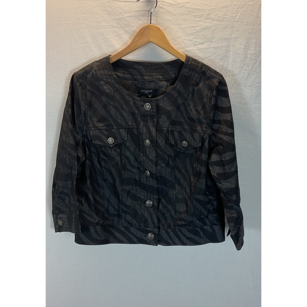 Sandro Black Zebra Cropped Jacket topper button front Size PL office City classy
